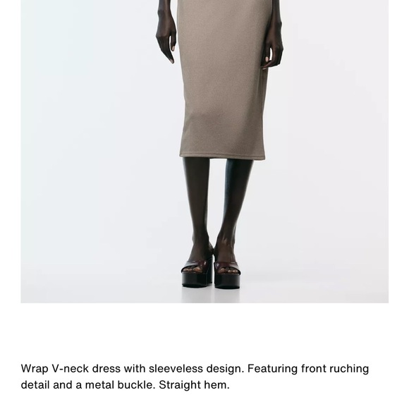 Zara NWT taupe beige tan wrap gold appliqué v neck midi dress - Picture 3 of 8